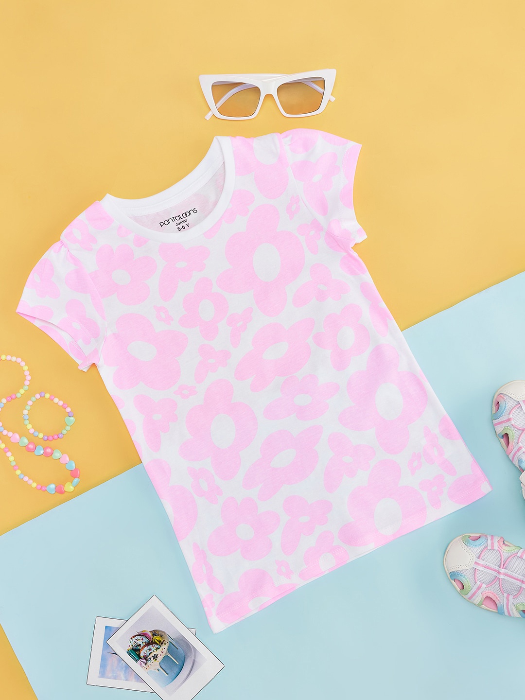 Pantaloons Junior Girls Round Neck Short Sleeves Abstract Printed Cotton T-shirt, Pink