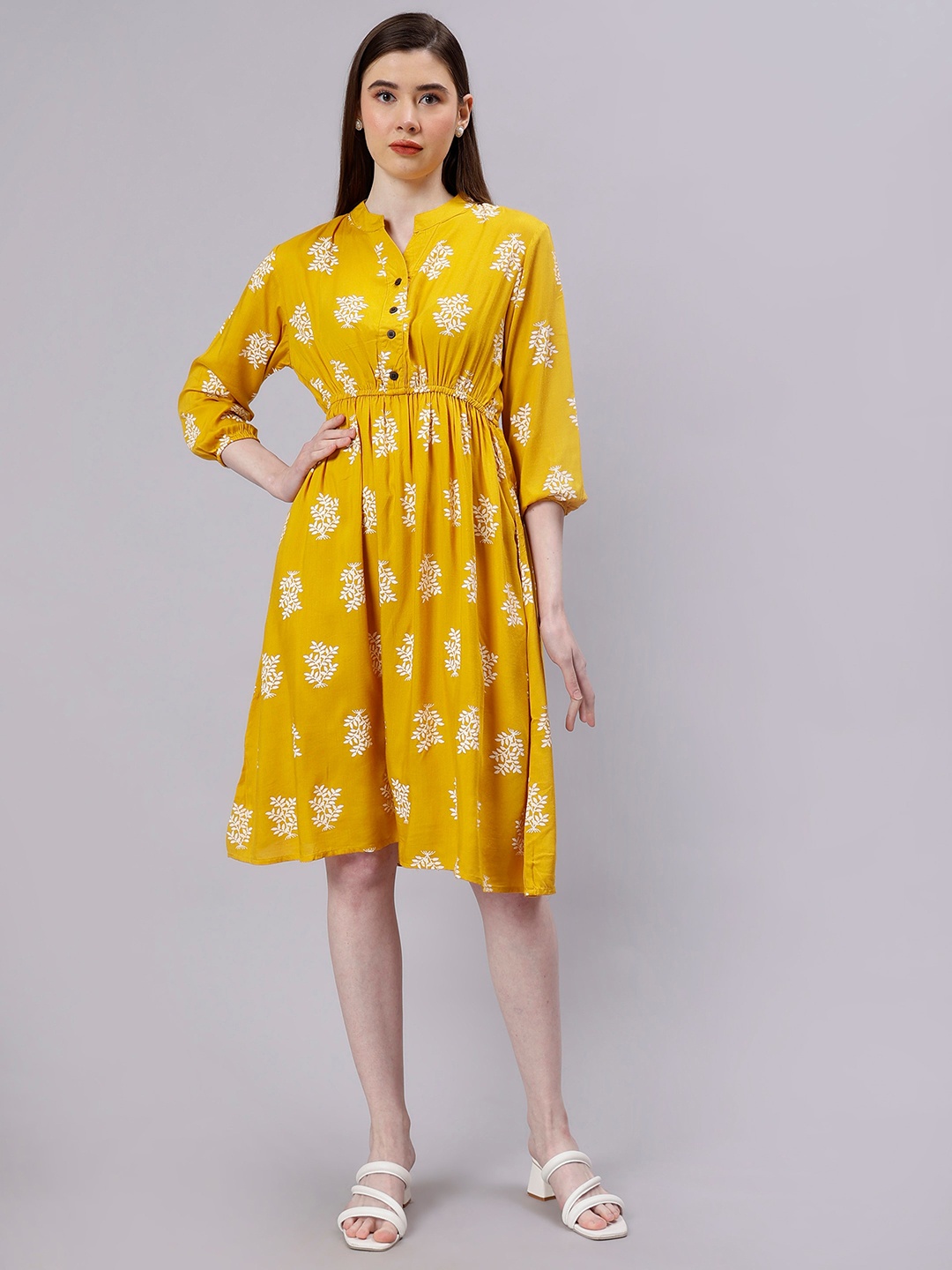 

ENTELLUS Floral Print Cotton Fit & Flare Dress, Yellow