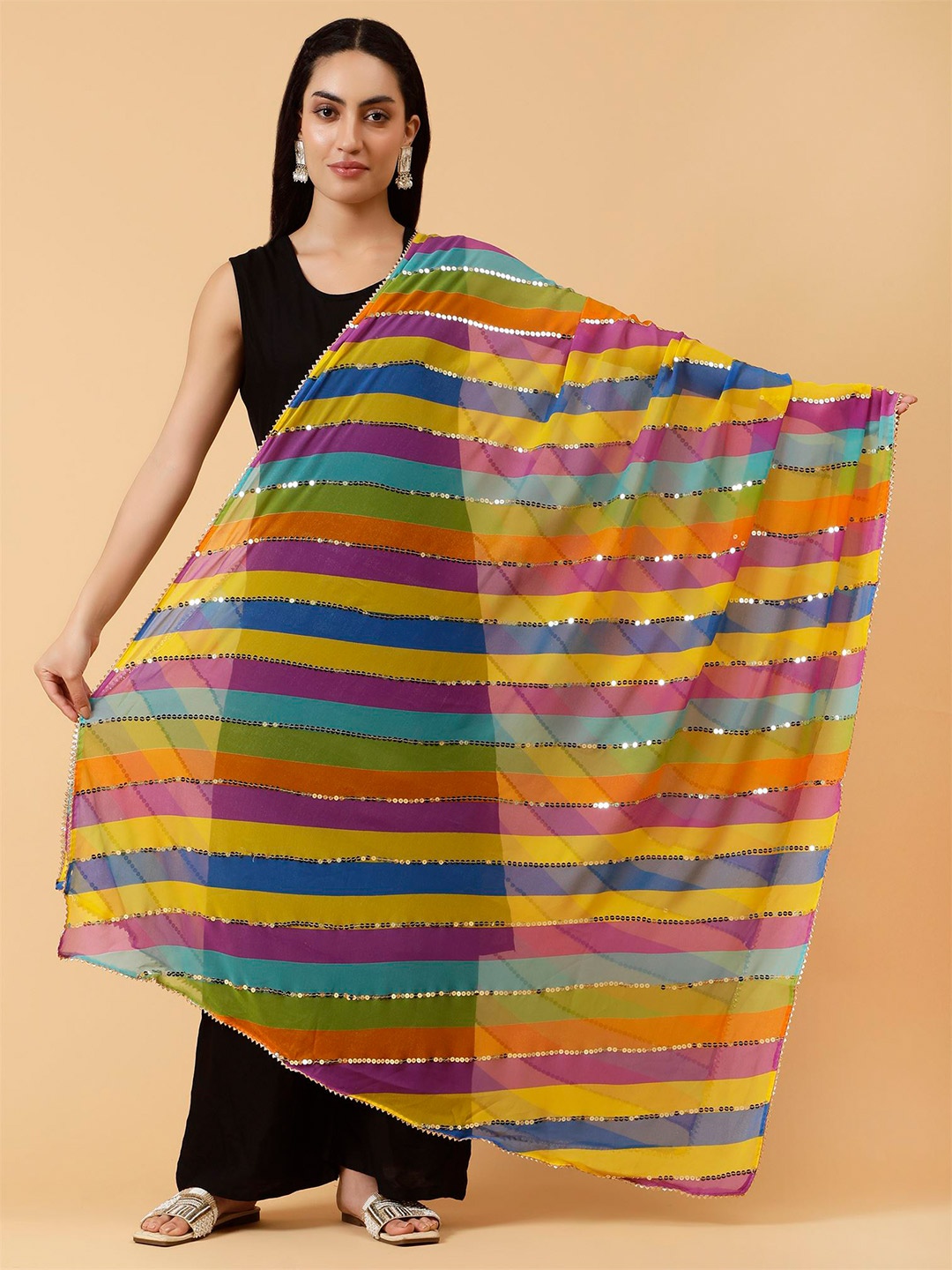 

Moda Chales Striped Sequinned Dupatta, Blue