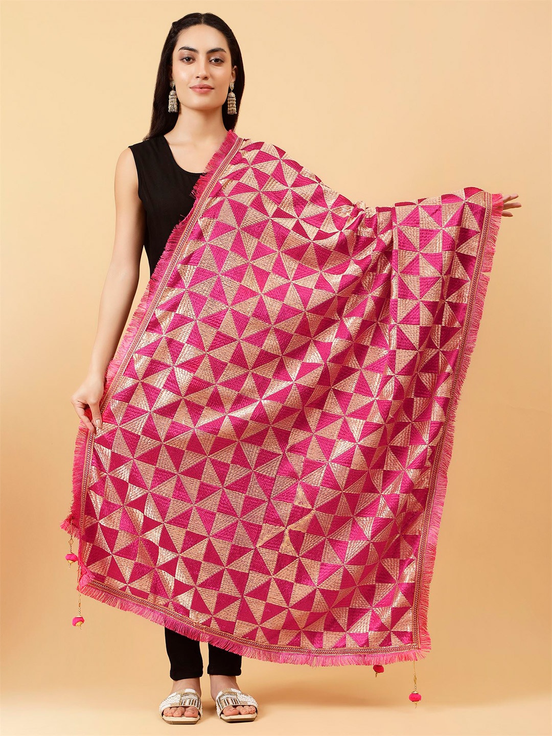 

Moda Chales Geometric Woven Design Dupatta with Phulkari, Magenta