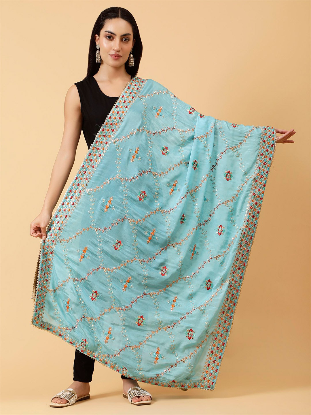 

Moda Chales Floral Embroidered Dupatta, Blue