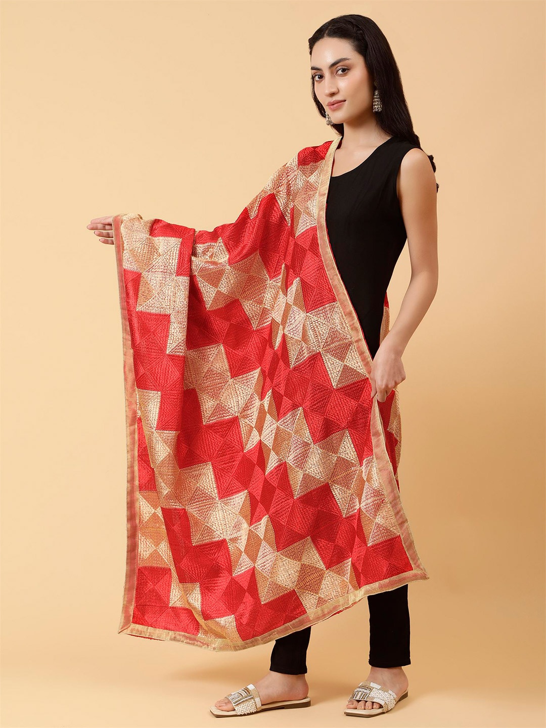 

Moda Chales Geometric Woven Design Dupatta with Phulkari, Red
