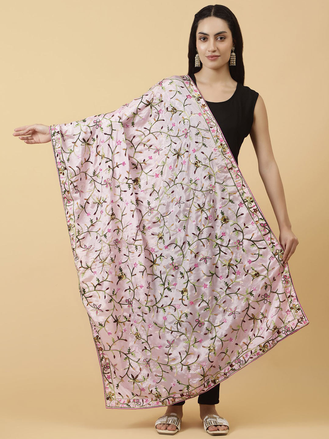 

Moda Chales Floral Embroidered Dupatta, Pink