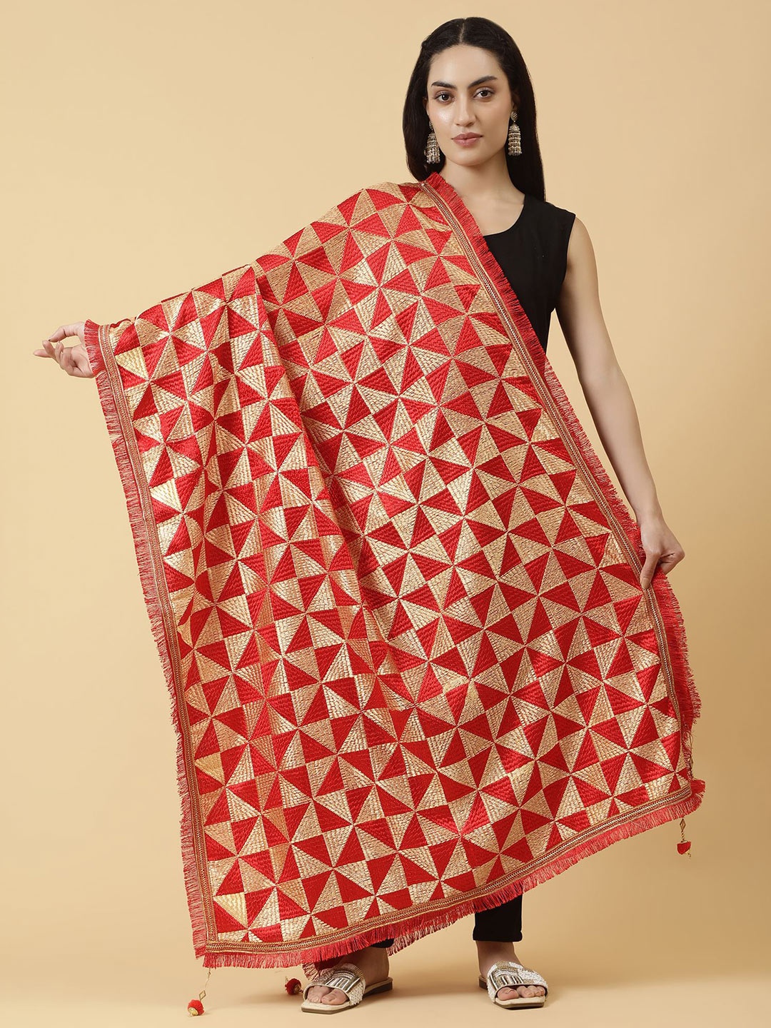 

Moda Chales Geometric Woven Design Phulkari Dupatta, Red