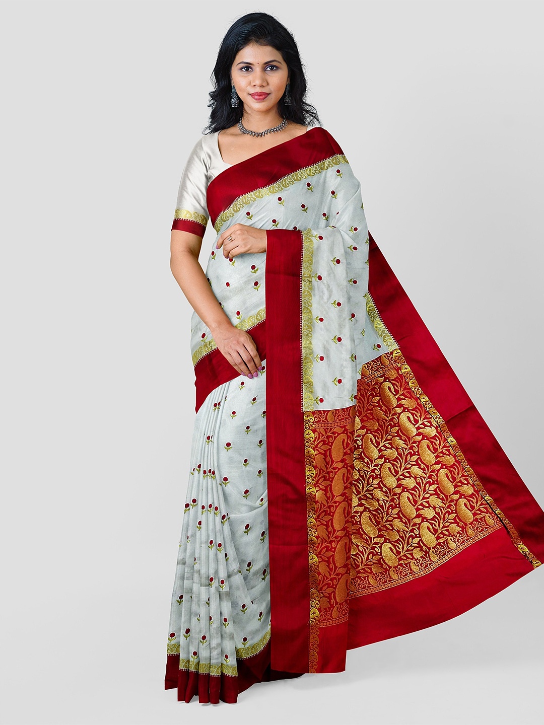 

Shopeezy Tex Fab Floral Woven Design Zari Kanjeevaram Saree, Off white
