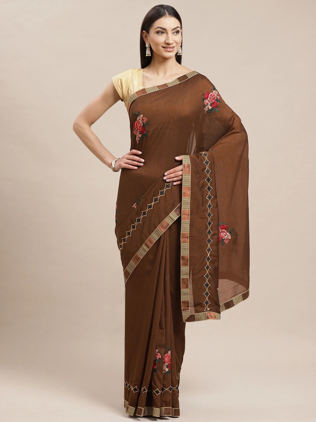 

Shaily Floral Embroidered Zari Saree, Beige
