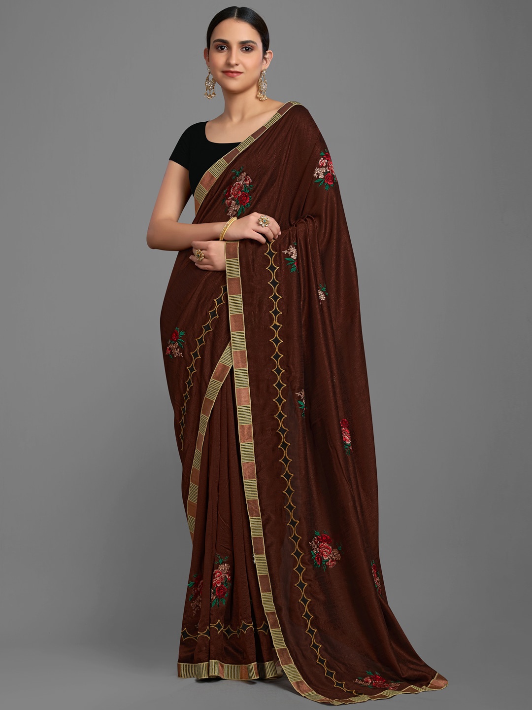 

Shaily Floral Embroidered Saree, Brown