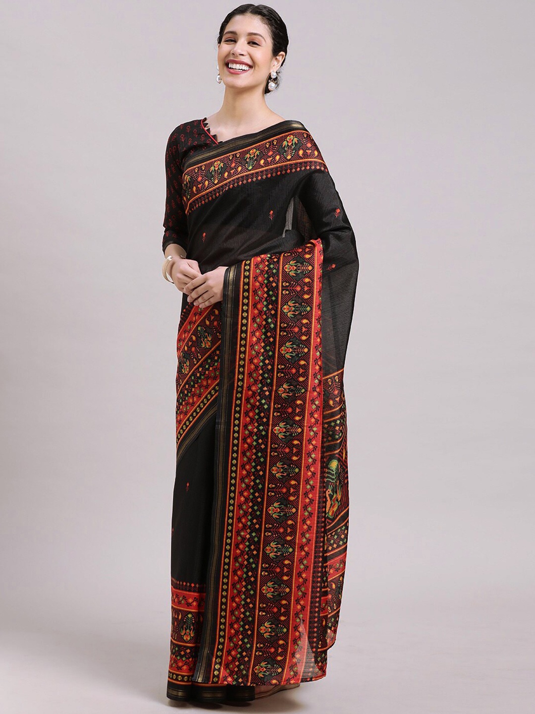 

KALINI Ethnic Motifs Printed Zari Detailed Saree, Black