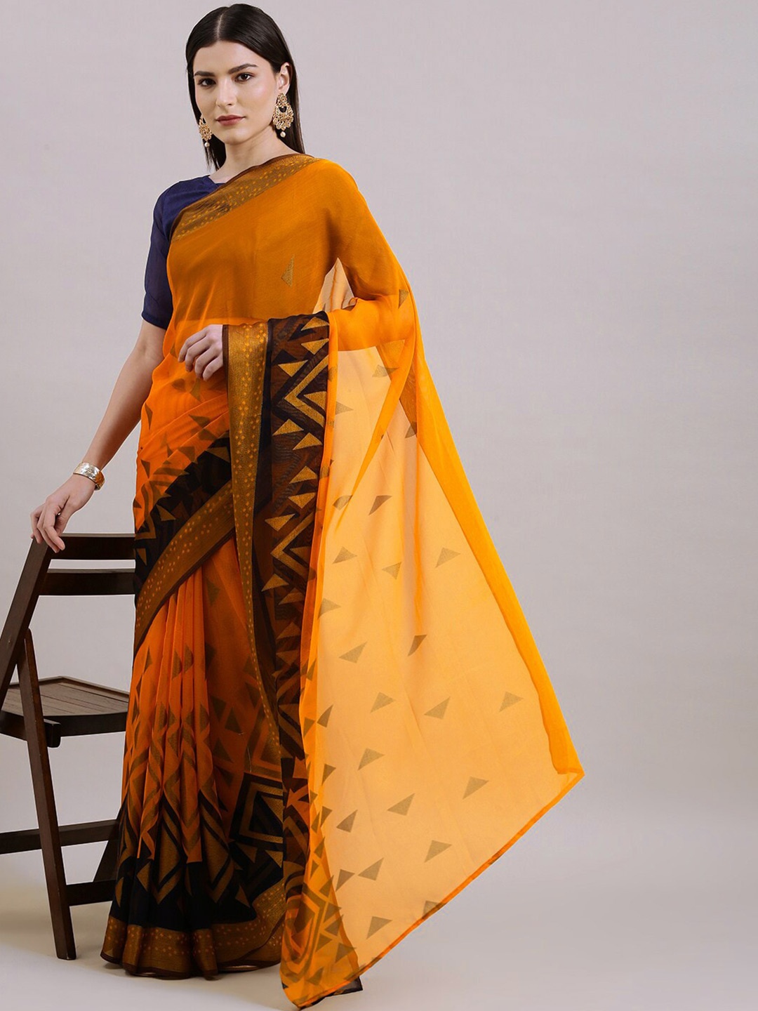 

KALINI Geometric Printed Brasso Saree, Orange