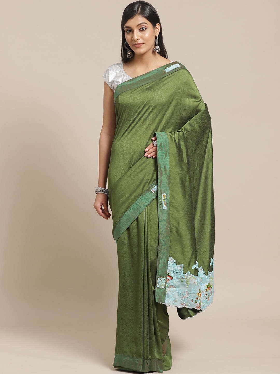 

KALINI Embroidered Satin Saree, Green