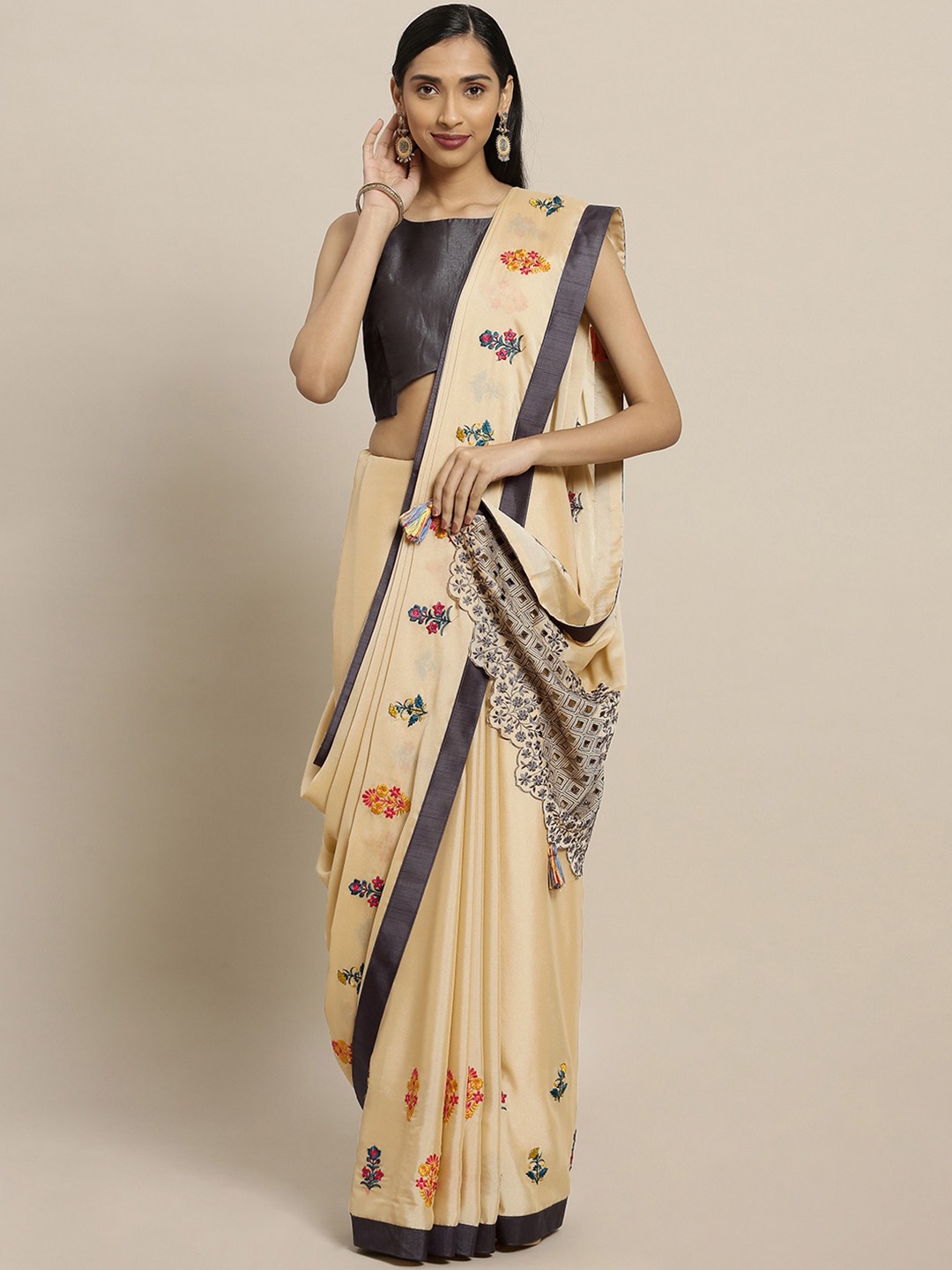 

KALINI Floral Embroidered Satin Saree, Beige