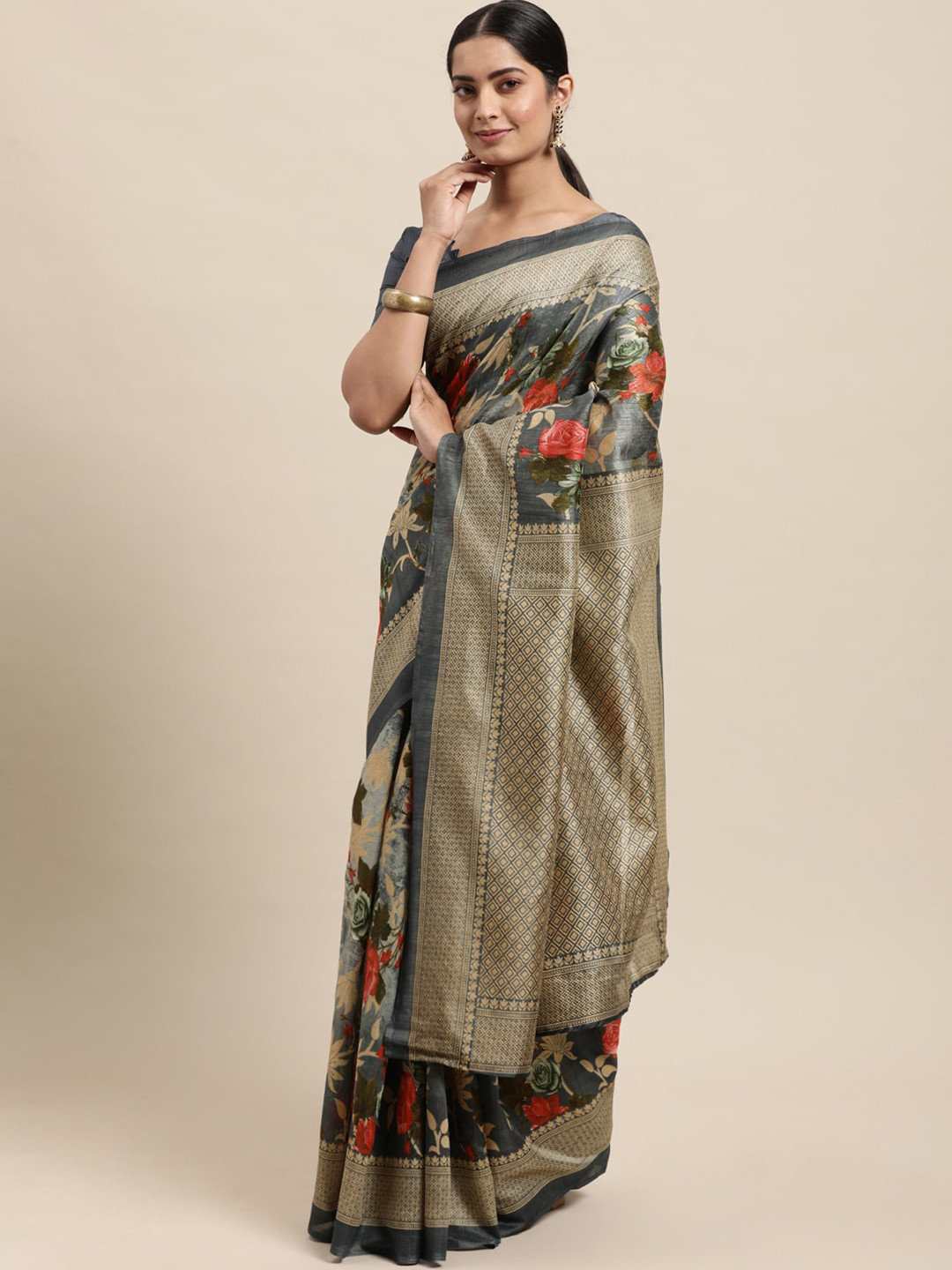

KALINI Floral Printed Zari Art Silk Saree, Grey