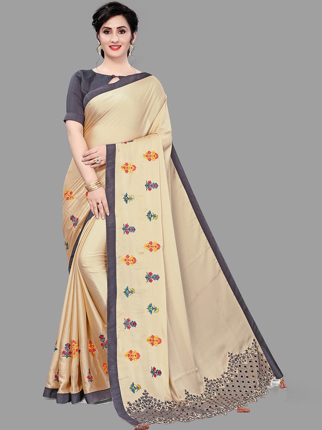 

KALINI Floral Embroidered Satin Saree, Beige