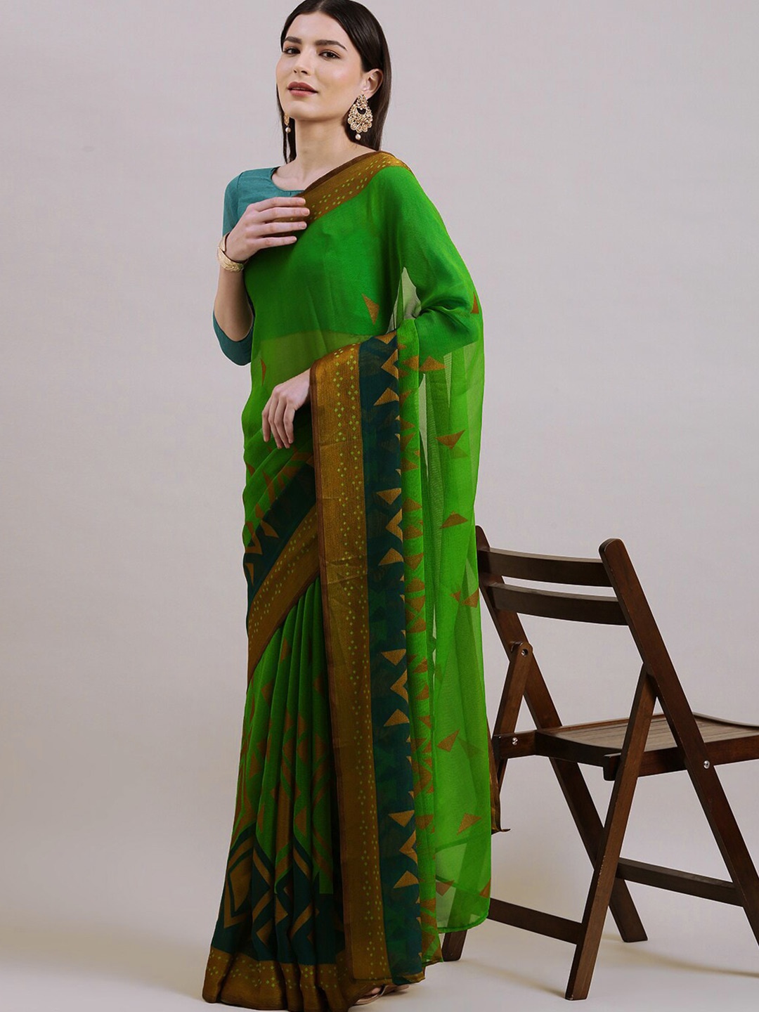 

KALINI Geometric Printed Brasso Saree, Green