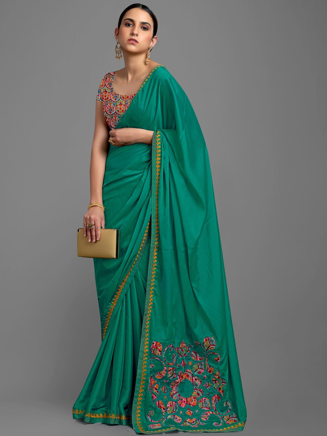 

KALINI Embroidered Satin Saree, Green