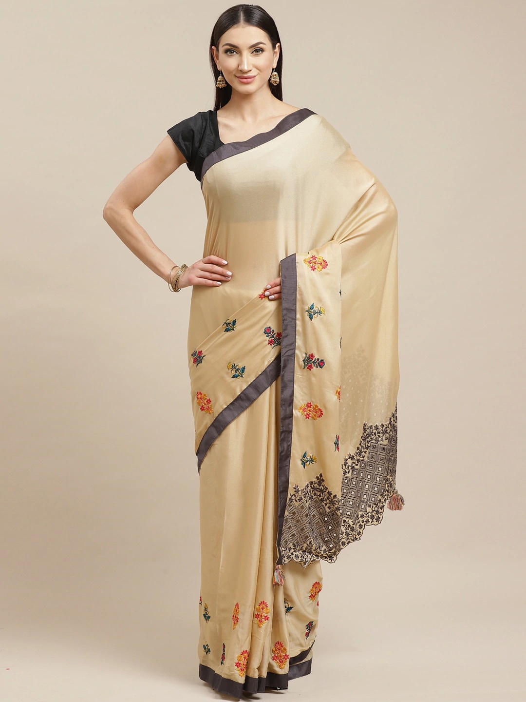 

KALINI Floral Embroidered Satin Saree, Beige