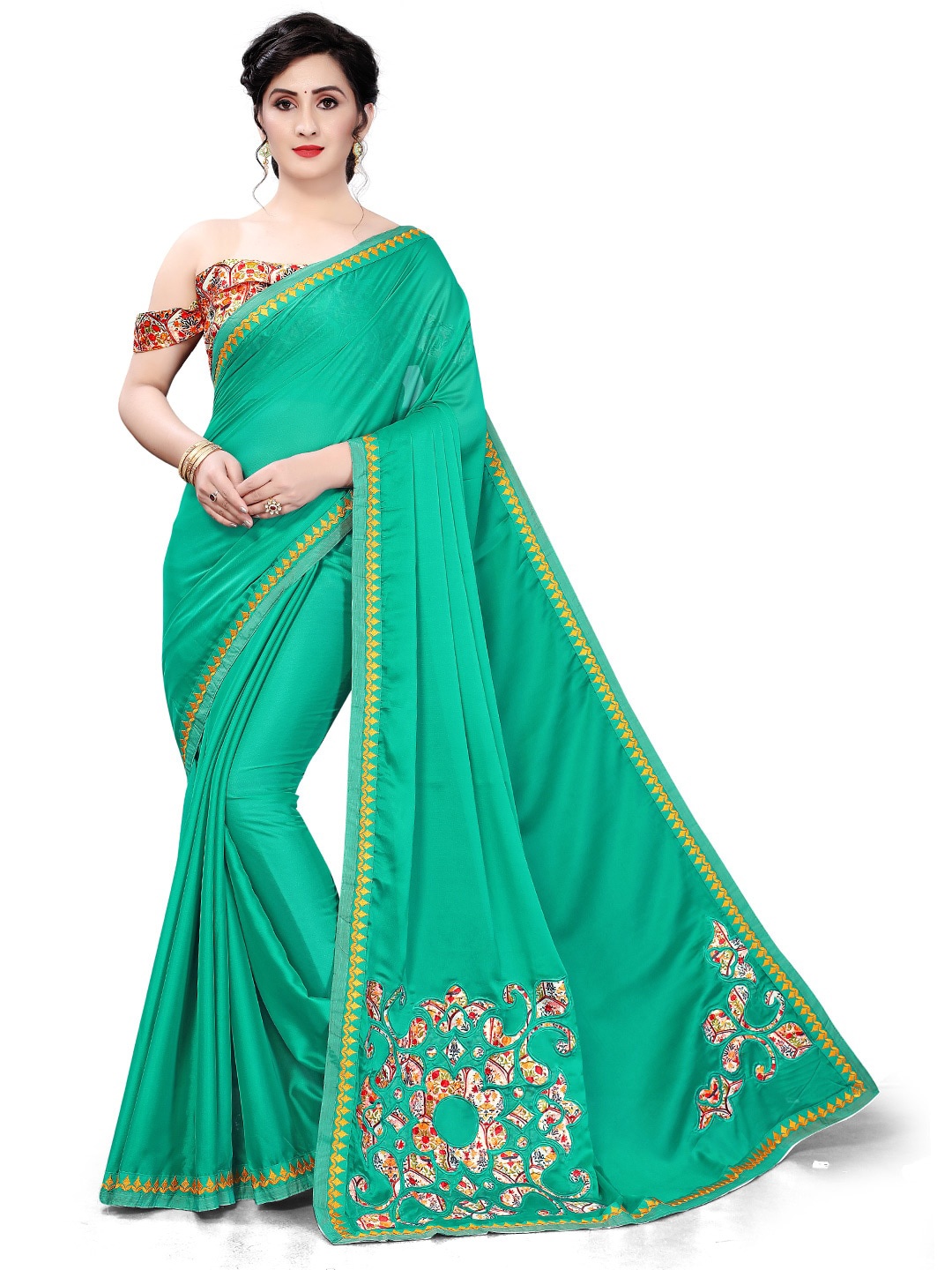 

KALINI Embroidered Satin Saree, Beige