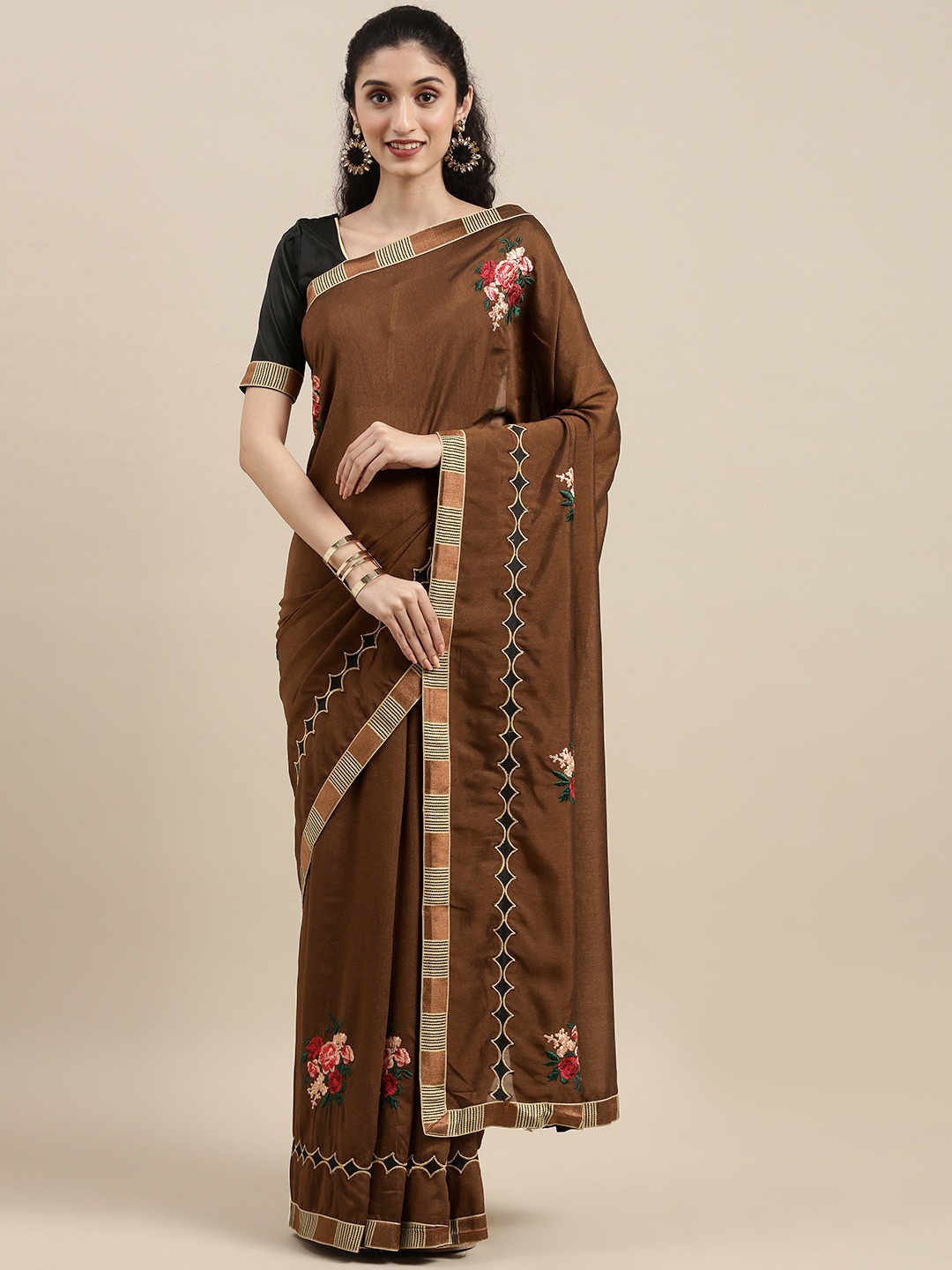 

KALINI Floral Embroidered Satin Saree, Brown