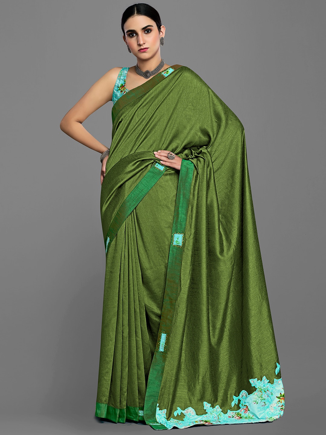 

HRITIKA Ethnic Embroidered Satin Saree, Green