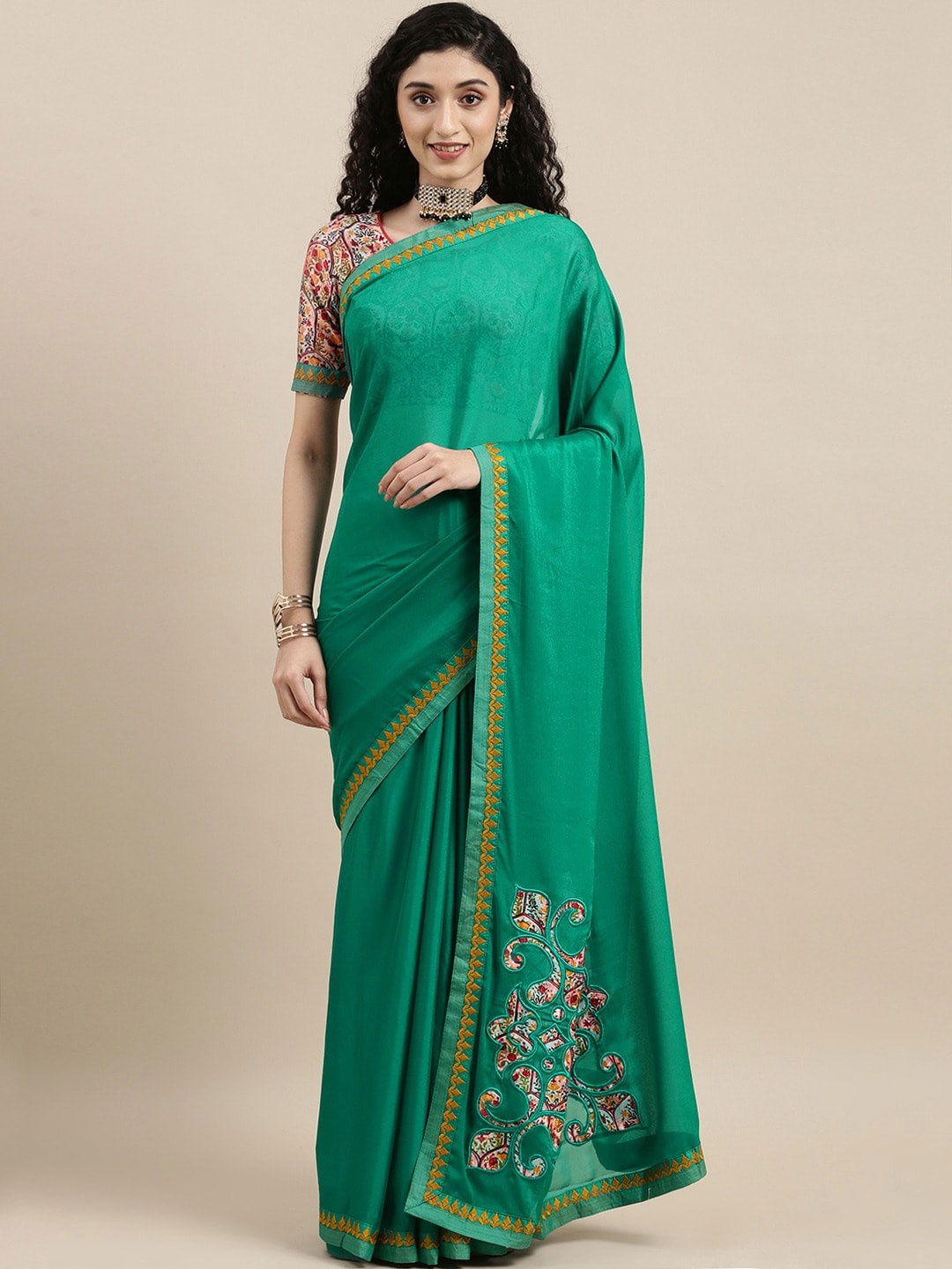 

HRITIKA Green and Red Embroidered Satin Saree