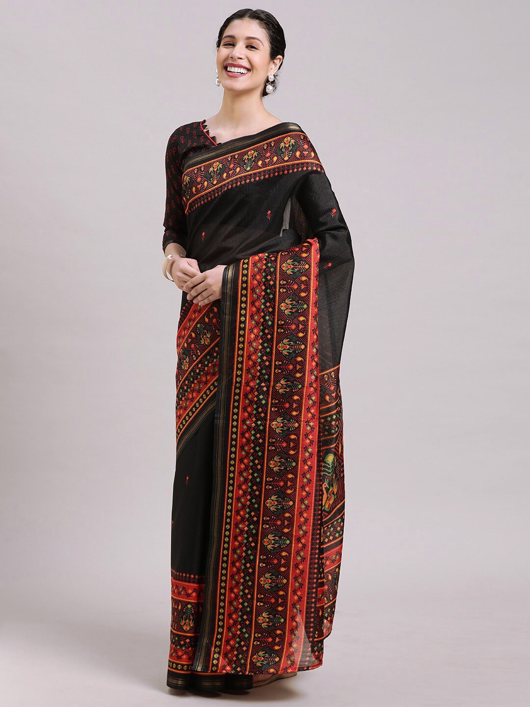 

HRITIKA Black Ethnic Motifs Zari Art Silk Saree, Beige