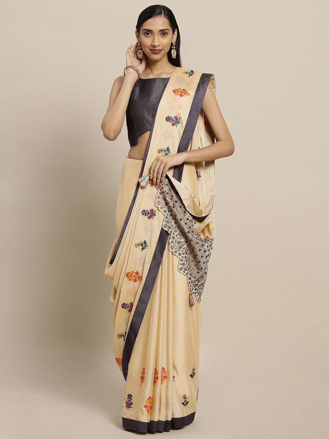 

HRITIKA Floral Embroidered Satin Saree, Beige