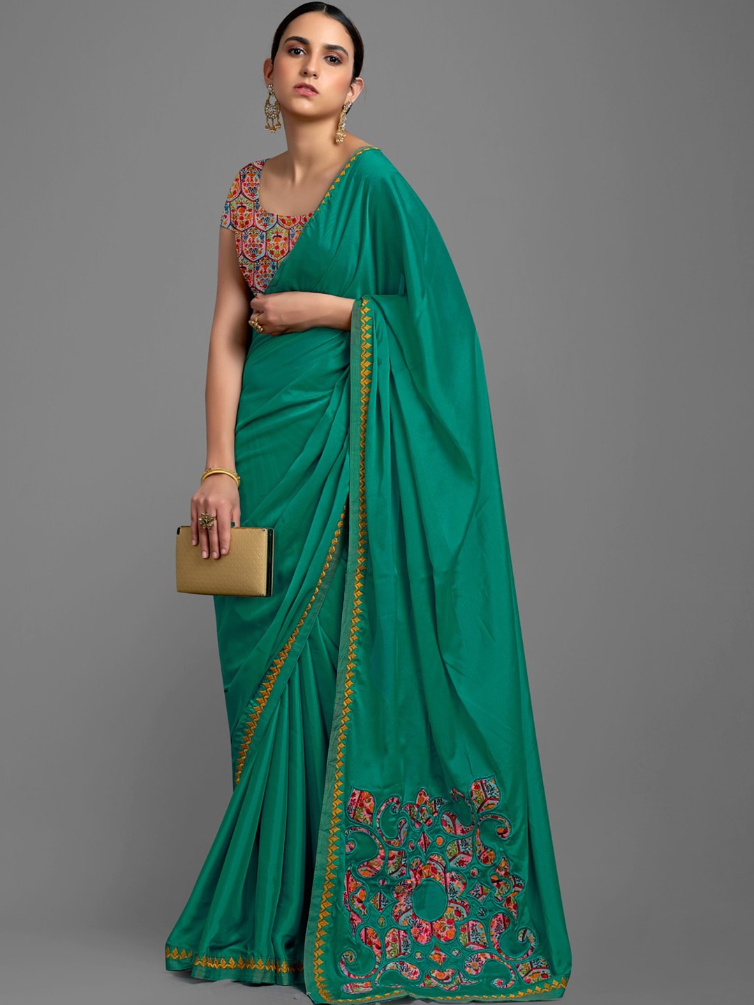 

HRITIKA Green Embroidered Satin Saree