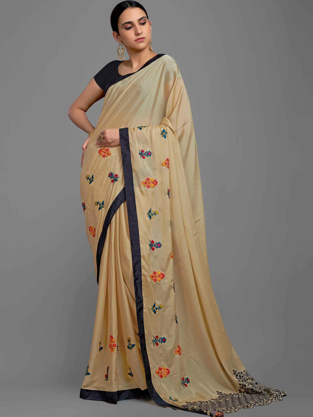 

HRITIKA Beige and Red Floral Printed Embroidered Satin Saree