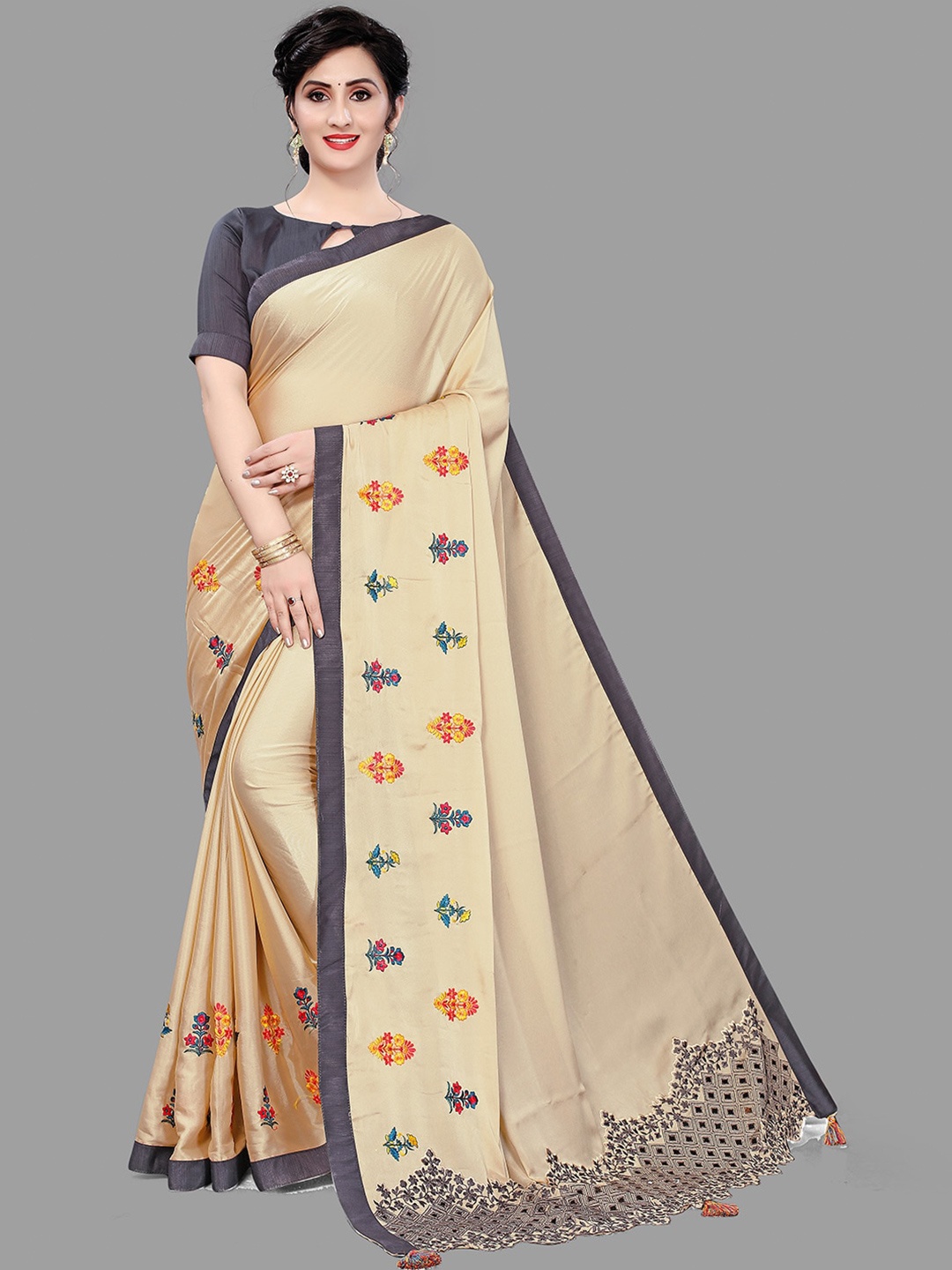 

HRITIKA Beige Floral Printed Embroidered Satin Saree