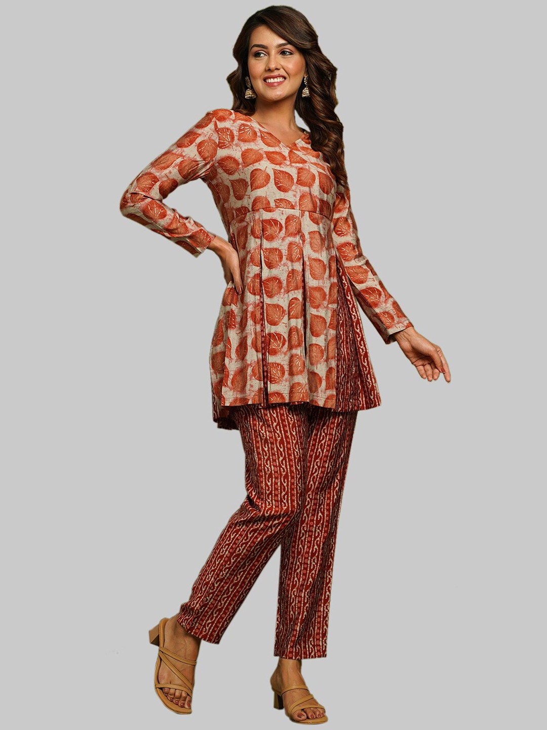 

CRAFTED FOR YOU Printed Tunic With Trousers Ethnic Co-Ords, Rust