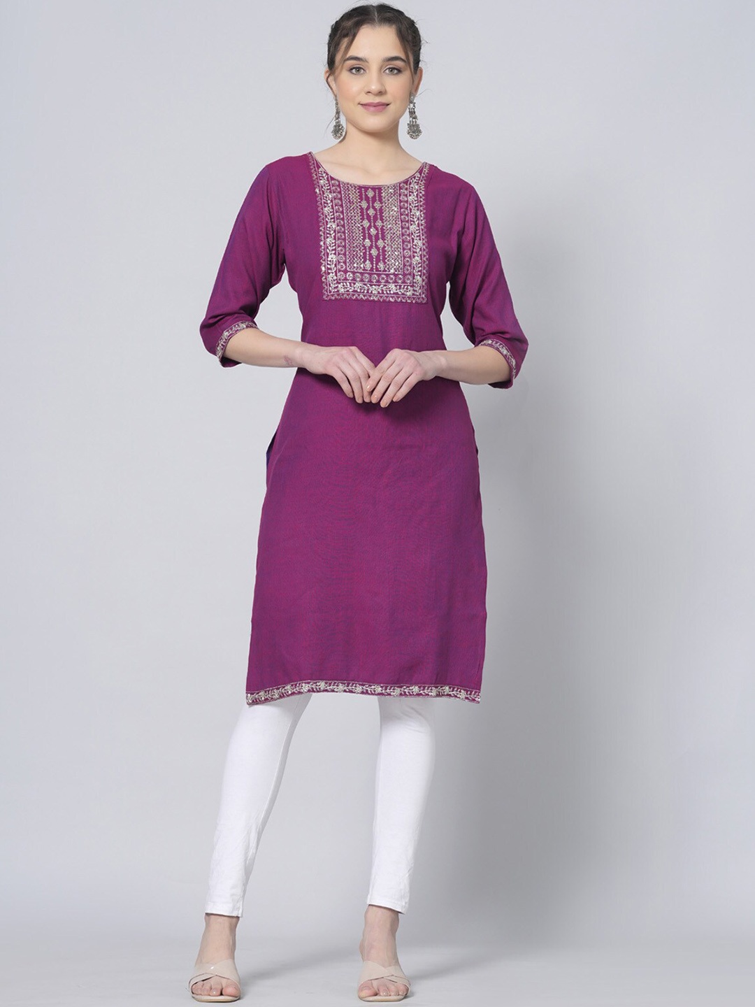 

PREKSHA Sequinned Round Neck Three-Quarter Sleeves Pastels Kurta, Purple