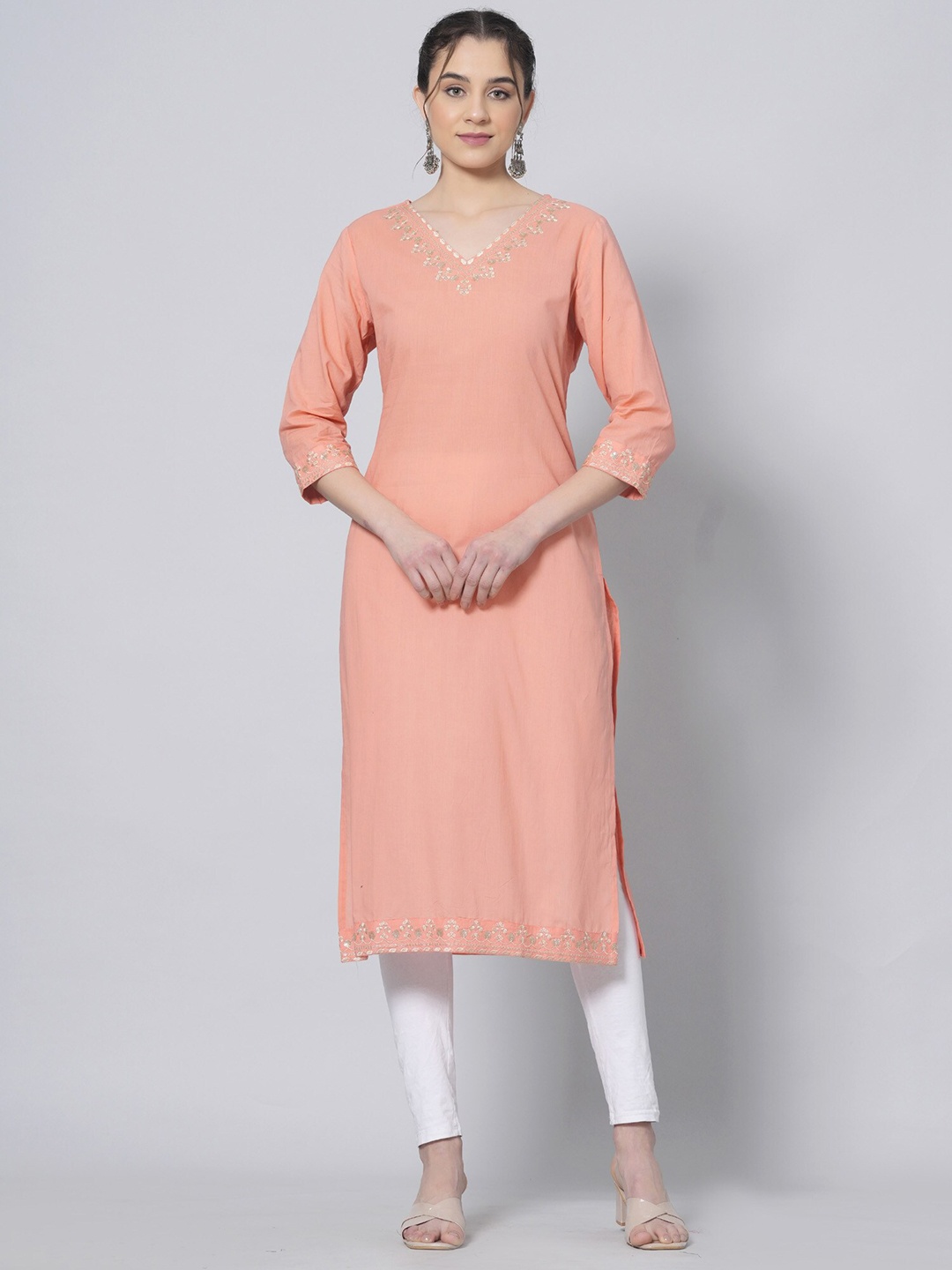 

PREKSHA Ethnic Motif Embroidered Pure Cotton Straight Kurta, Peach