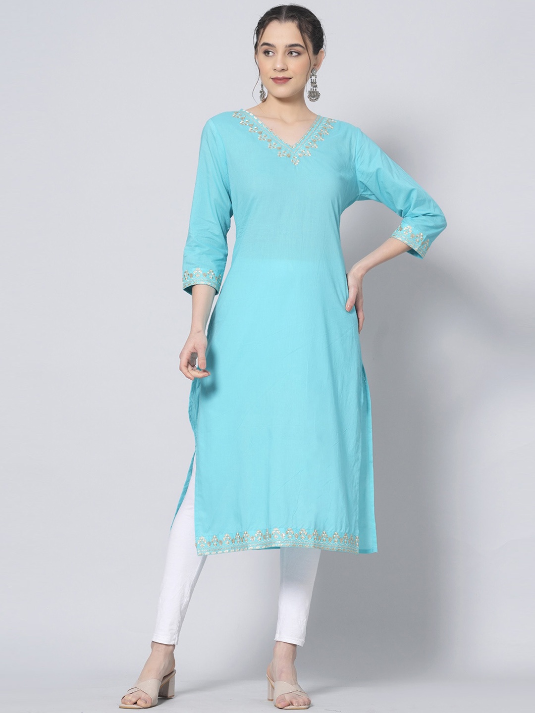 

PREKSHA Ethnic Motif Embroidered Pure Cotton Straight Kurta, Blue