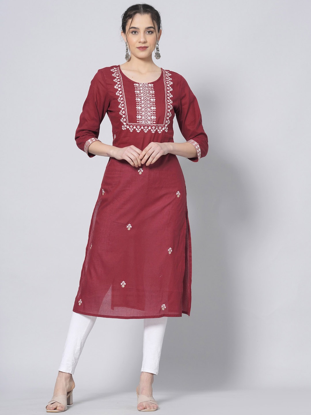 

PREKSHA Ethnic Motifs Round Neck Three-Quarter Sleeves Thread Work Cotton Pastels Kurta, Maroon