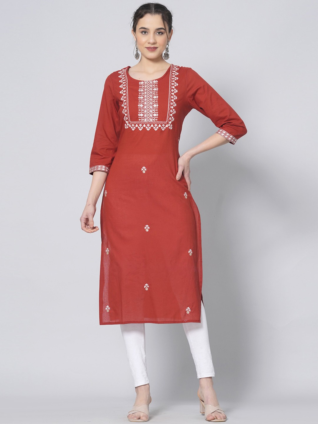 

PREKSHA Ethnic Motifs Round Neck Three-Quarter Sleeves Thread Work Pastels Cotton Kurta, Peach