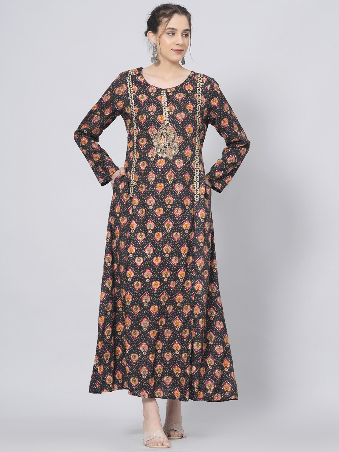 

PREKSHA Ethnic Motifs Printed Thread Work A-line Kurta, Black