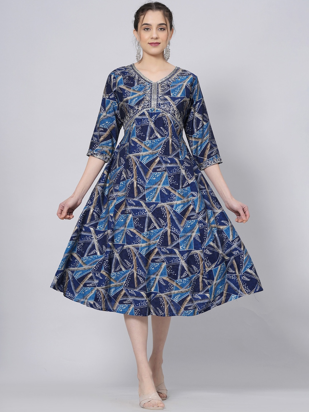 

PREKSHA Geometric Printed and Embroidered A Line Dress, Blue