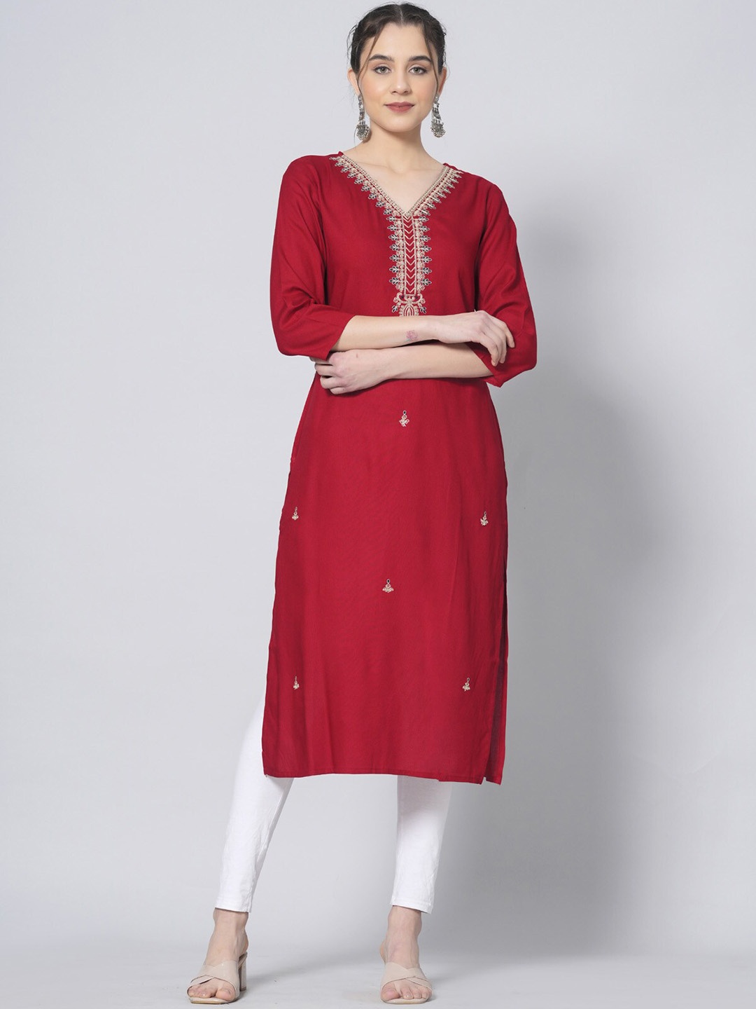 

PREKSHA Ethnic Motifs Embroidered Straight Kurta, Red