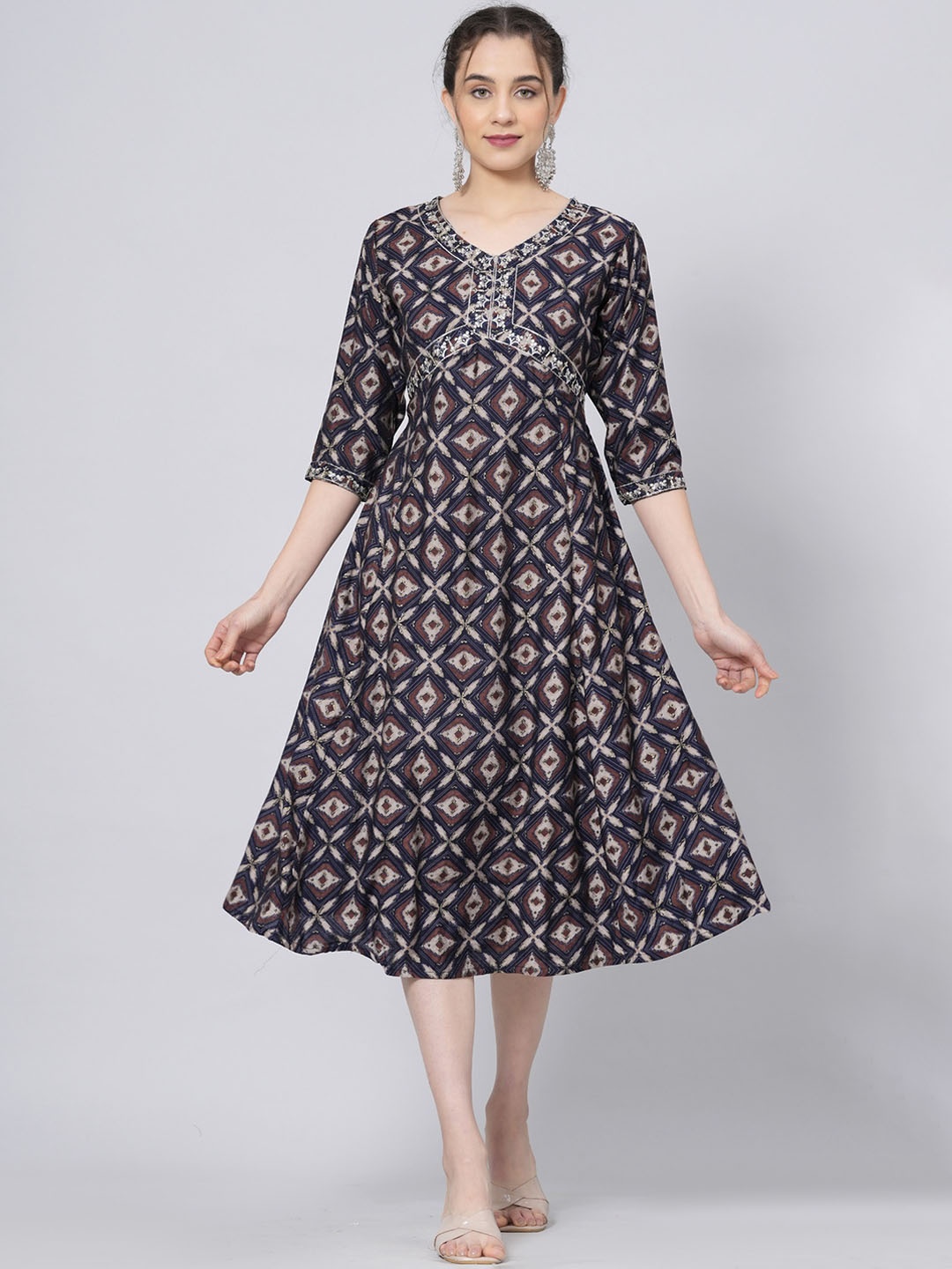 

PREKSHA Geometric Printed & Embroidered A-line Dress, Black