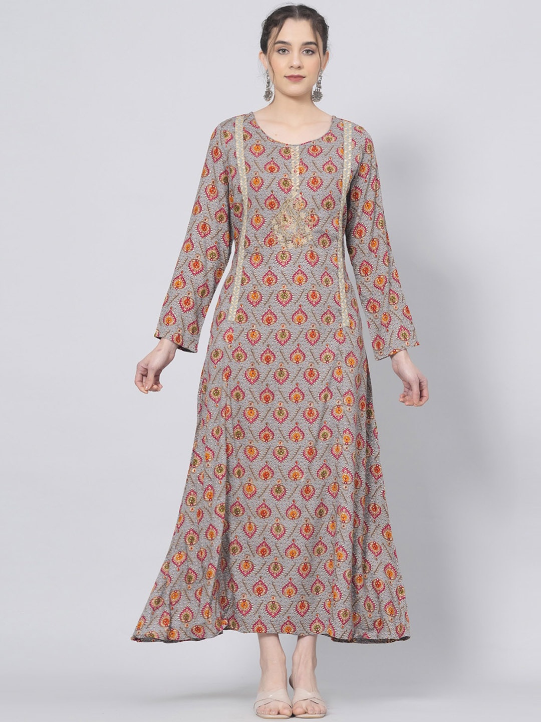 

PREKSHA Ethnic Motifs Printed Thread Work A-line Kurta, Grey