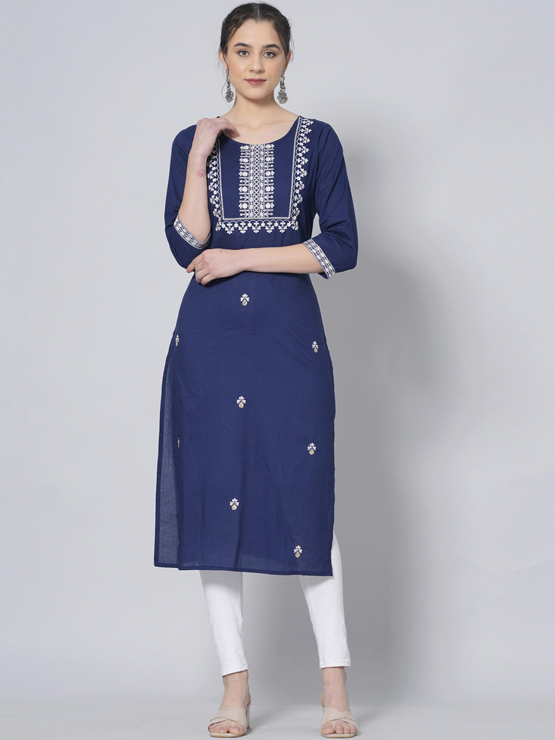 

PREKSHA Embroidered Sequinned Round Neck Three-Quarter Sleeves Cotton Pastels Kurta, Blue