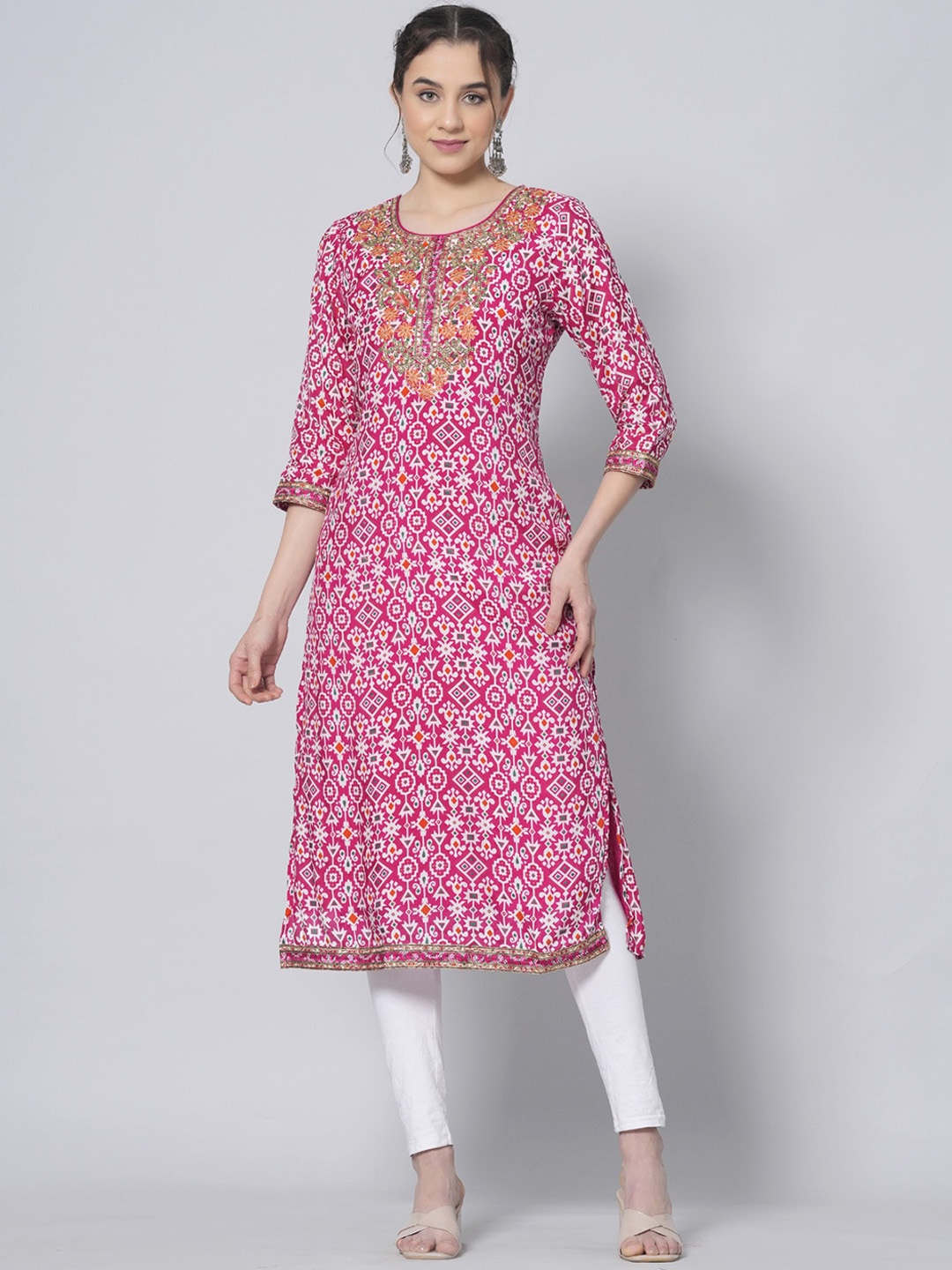 

PREKSHA Ethnic Motifs Printed Thread Work Pastels Chanderi Silk Kurta, Pink