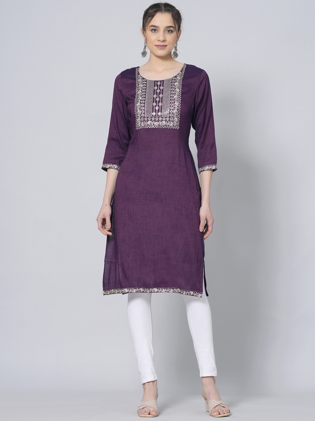 

PREKSHA Ethnic Motifs Embroidered Sequinned Straight Kurta, Purple