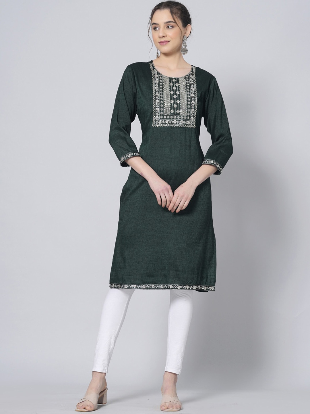 

PREKSHA Embroidered Round Neck Three-Quarter Sleeves Thread Work Pastels Kurta, Green