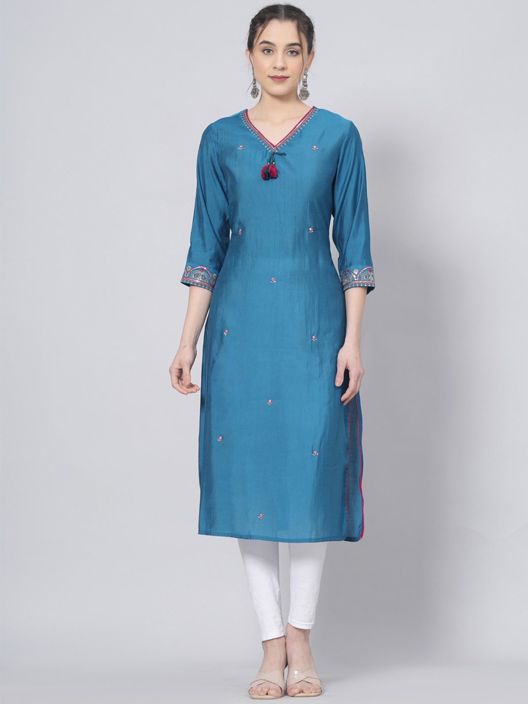 

PREKSHA Ethnic Motif Embroidered Thread Work Chanderi Silk Straight Kurta, Blue