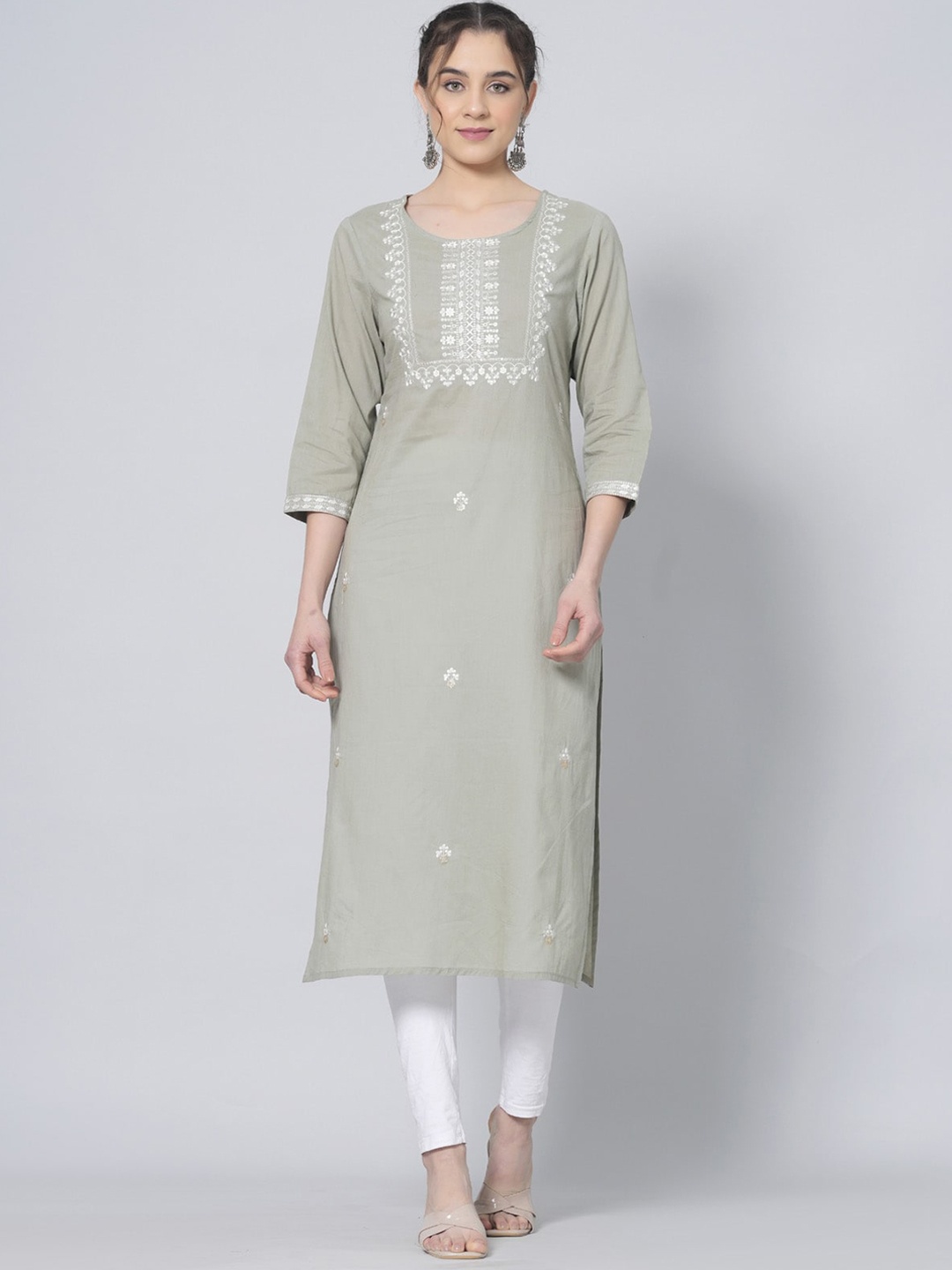 

PREKSHA Ethnic Motif Embroidered Thread Work Pure Cotton Straight Kurta, Green