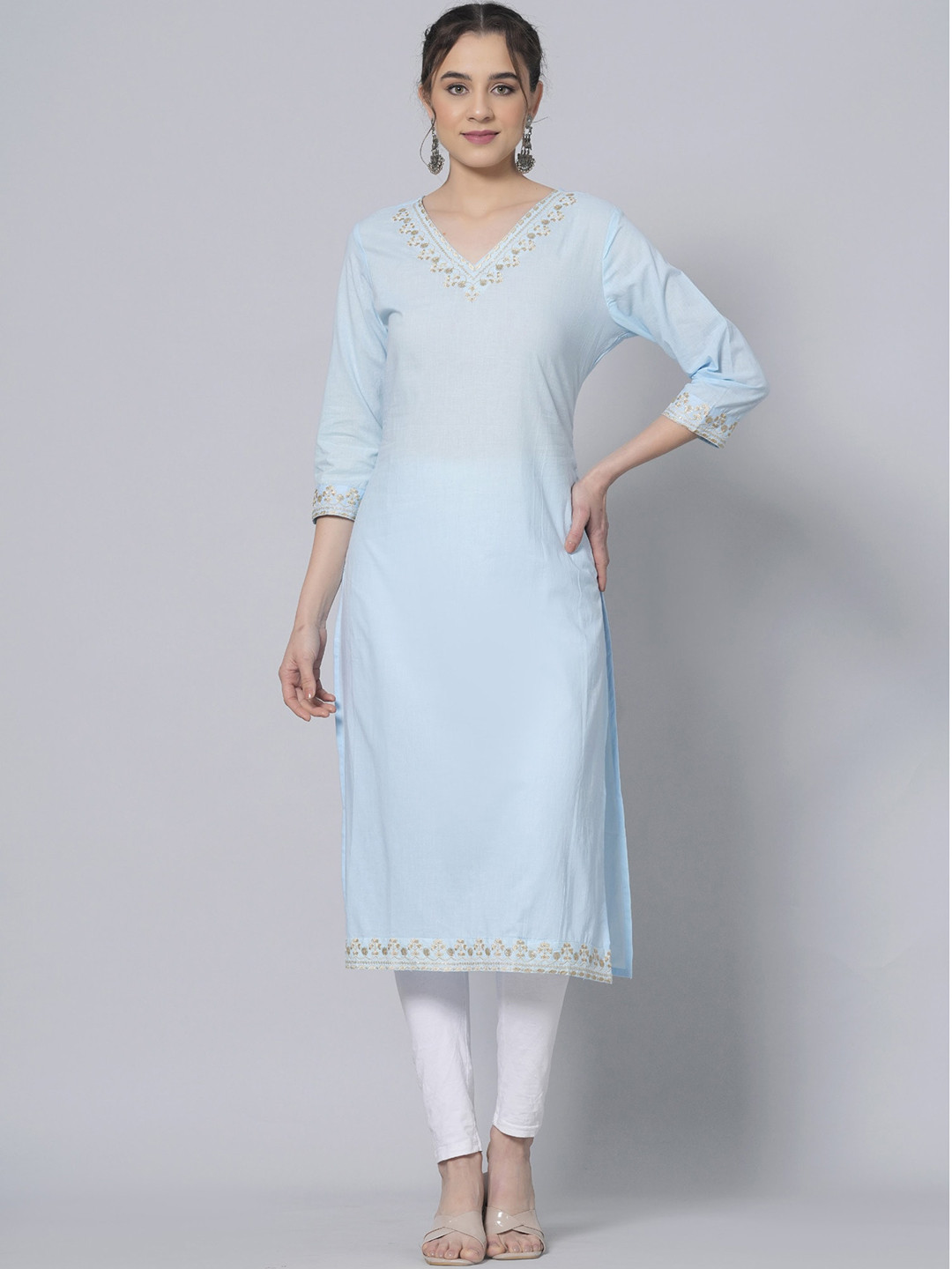 

PREKSHA Floral Embroidered Cotton Straight Kurta, Blue