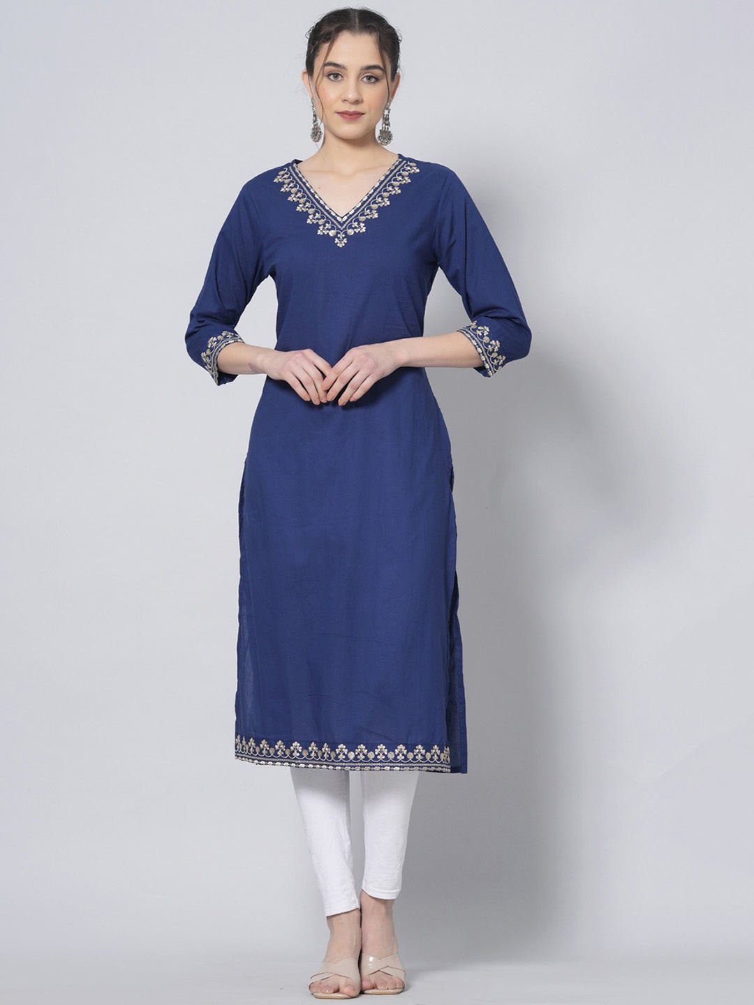 

PREKSHA Floral Embroidered Cotton Straight Kurta, Blue