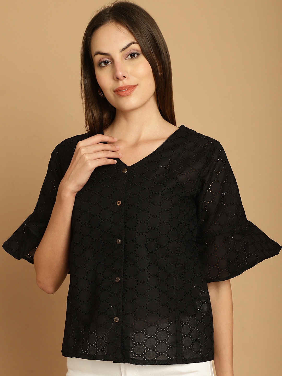 

Indian Needle Geometric Embroidered V-Neck Cotton Shirt Style Top, Black
