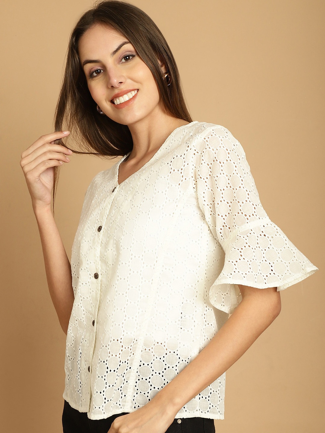 

Indian Needle Geometric Embroidered V-Neck Cotton Shirt Style Top, White
